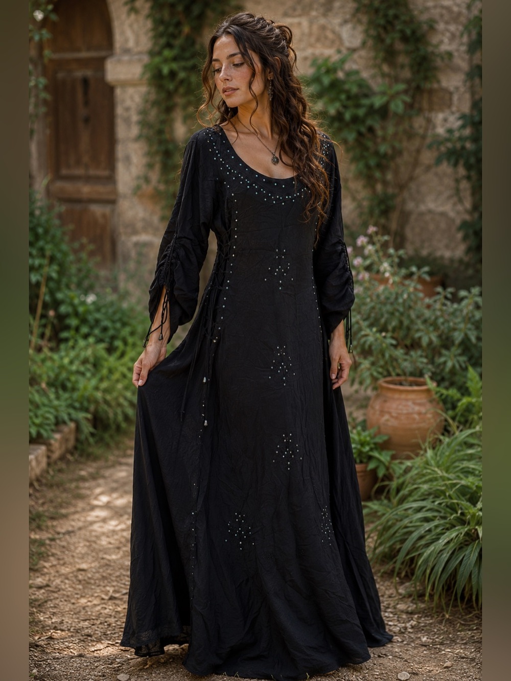 Braya Embellished Boho Maxi Dress – Size 2L (Fits Medium) Black Gothic Bohemian
